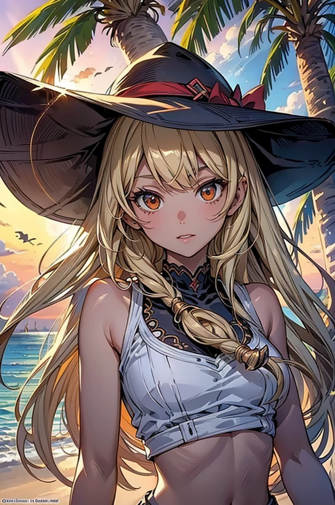 masterpiece, rich colors, Best quality, detailed, high resolution, Hyper quality, high detail, , high quality, detailing, skinny sexy girl on the beach , bright lighting , Brown eyes, Anime, palm trees, bright lighting, blonde,