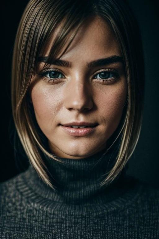 photorrealistic, best qualityer, ultra detaild, beautfull woman, Selfie photos, upperbody, standing alone, are suter, black turtleneck sweater, big , out, (natta), Music by Berg, The essence of real life., stele, world, (strong smile、dark fur、23 year old、happy big , happiness), flickering lights, forst, rotated corners, airflow, Wood, smoke, dense fog, crystal clear sky, style analogues, Look to viewer, texture skin, Film grain, up close, Super high resolution, best shade, primitive, Instagram-LUT