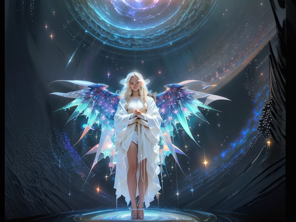 fish-eye lens, cosmic background, Countless twinkling galaxies and stars, Convoluted, Ultra-realistic full-length shot of an angel praying for viewers in the center of a circle, The microcosm revolves around angels, face to the viewer, Offer mercy, Comfort and love, stunningly beautiful face, The majestic twin wings of an angel growing from the back of an angel, Ultra-realistic and ultra-detailed real wings, Beautiful snow-white robes and translucent darkness, Long Blonde Hair, Hair and stars mix, Fantastic and sacred (1:1), ultra-detailliert, A hyper-realistic, Countless small lights twinkle、Blend into the darkness, ultra intricate, New splash art never seen before in space, Captivate your audience、Give your audience direction to move forward, What's next?. It is a masterpiece that will continue to win many awards in the future.......