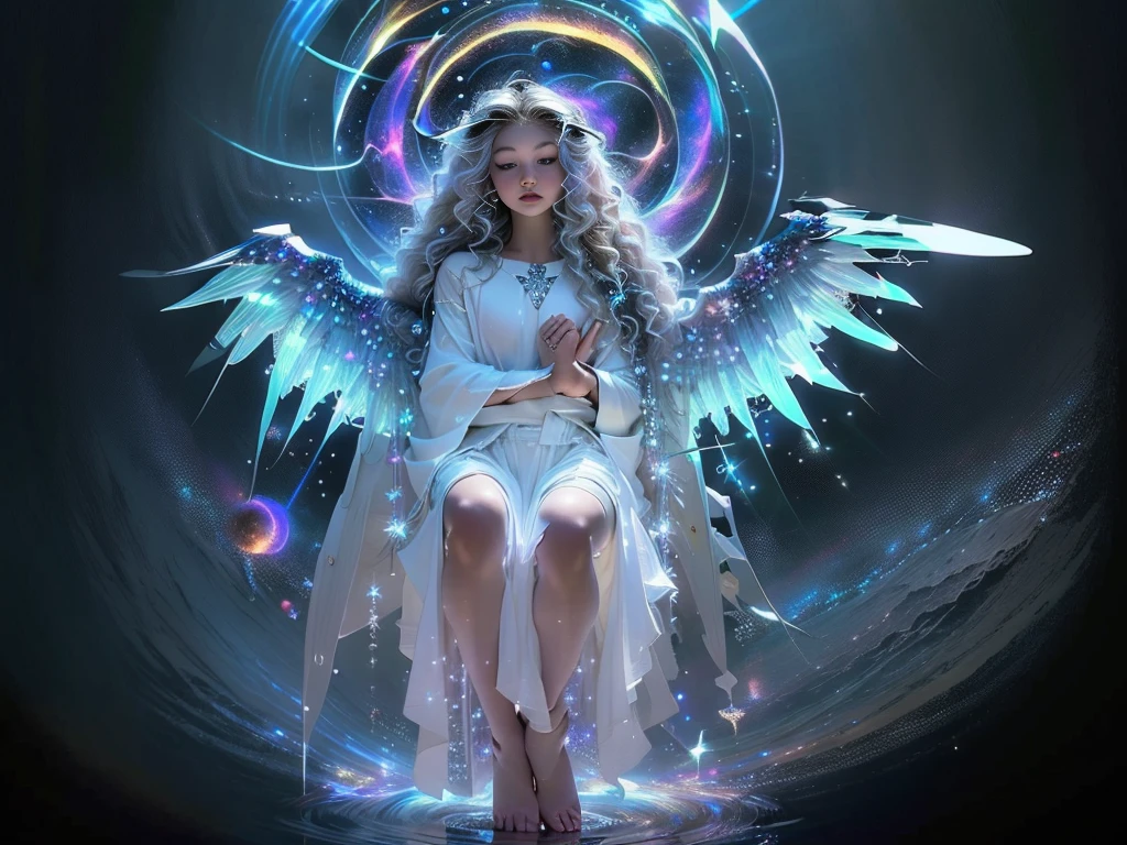 fish-eye lens, cosmic background, Countless twinkling galaxies and stars, Convoluted, Ultra-realistic full-length shot of an angel praying for viewers in the center of a circle, The microcosm revolves around angels, face to the viewer, Offer mercy, Comfort and love, stunningly beautiful face, The majestic twin wings of an angel growing from the back of an angel, Ultra-realistic and ultra-detailed real wings, Beautiful snow-white robes and translucent darkness, Long Blonde Hair, Hair and stars mix, Fantastic and sacred (1:1), ultra-detailliert, A hyper-realistic, Countless small lights twinkle、Blend into the darkness, ultra intricate, New splash art never seen before in space, Captivate your audience、Give your audience direction to move forward, What's next?. It is a masterpiece that will continue to win many awards in the future.......