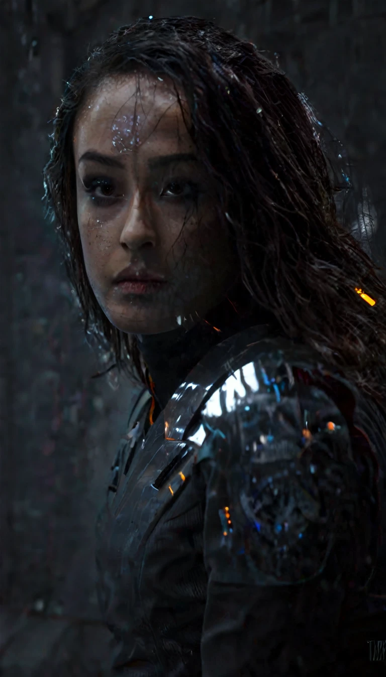 battle damage , missing arm ,bright yellow eyes, ultra-detailed,vibrant colors,sci-fi,portrait,dramatic lighting,detailed facial features,dark background,long hair,glowing eyes,futuristic clothing,expressionless face,metallic texture,bright highlights,high contrast,radiant colors,artificial intelligence theme,sharp focus,technological elements,shadows and highlights,ethereal glow,neon lights,stormy atmosphere,otherworldly setting,unconventional composition,sharp lines,sleek design,mysterious atmosphere,unearthly beauty,digital enhancements,advanced technology,glowing circuitry,abstract background,ominous presence,subtle reflections,energetic pose,unique perspective,foreshortening effect,symmetrical composition,imposing presence,dynamic energy,striking visual impact,translucent overlays,organic and mechanical fusion.
