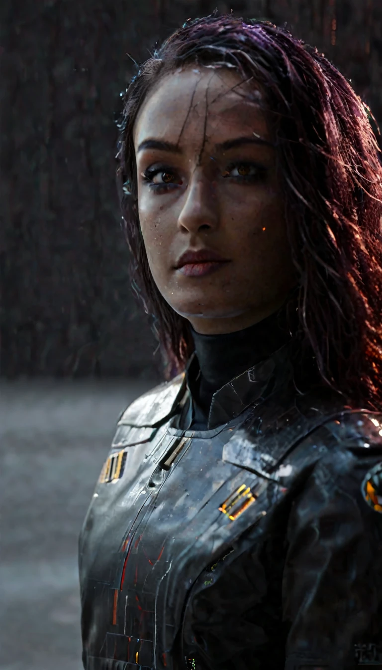 battle damage , missing arm ,bright yellow eyes, ultra-detailed,vibrant colors,sci-fi,portrait,dramatic lighting,detailed facial features,dark background,long hair,glowing eyes,futuristic clothing,expressionless face,metallic texture,bright highlights,high contrast,radiant colors,artificial intelligence theme,sharp focus,technological elements,shadows and highlights,ethereal glow,neon lights,stormy atmosphere,otherworldly setting,unconventional composition,sharp lines,sleek design,mysterious atmosphere,unearthly beauty,digital enhancements,advanced technology,glowing circuitry,abstract background,ominous presence,subtle reflections,energetic pose,unique perspective,foreshortening effect,symmetrical composition,imposing presence,dynamic energy,striking visual impact,translucent overlays,organic and mechanical fusion.