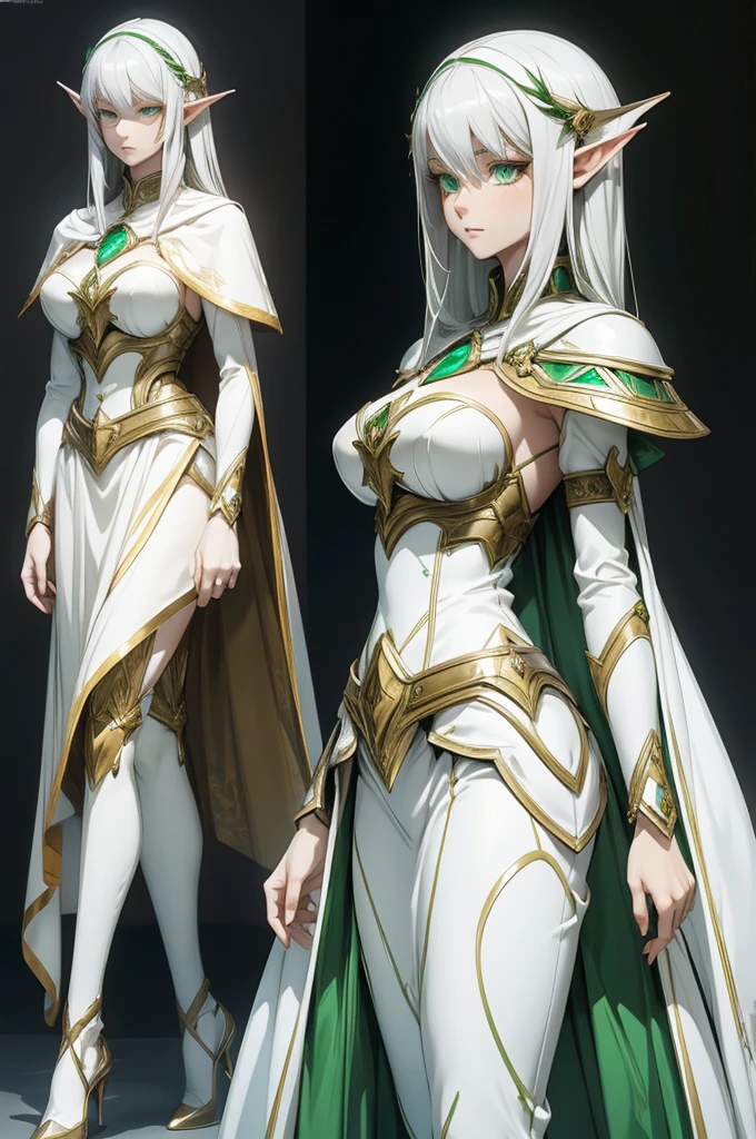 female noble Elf, full body art, silver hair, white skin, Emerald eye, knight full plate adorned armor, white cape, perfectly detailed body.