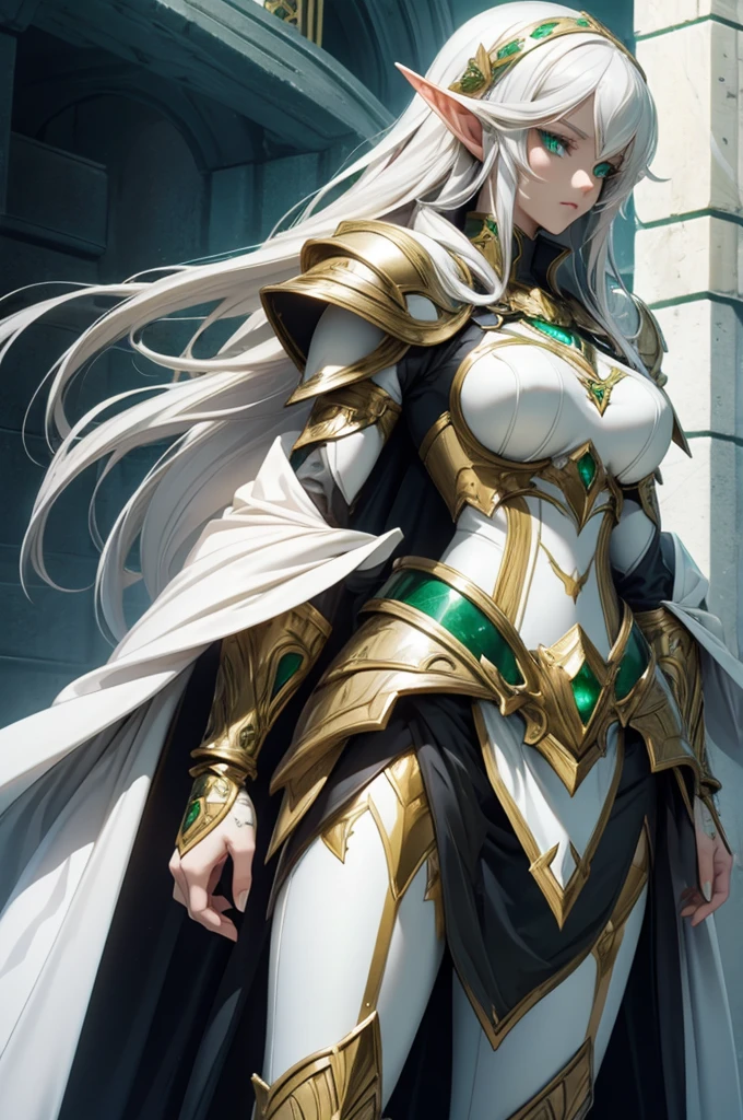 female noble Elf, full body art, silver hair, white skin, emerald eye, knight full plate adorned armor, white cape, perfectly detailed body.