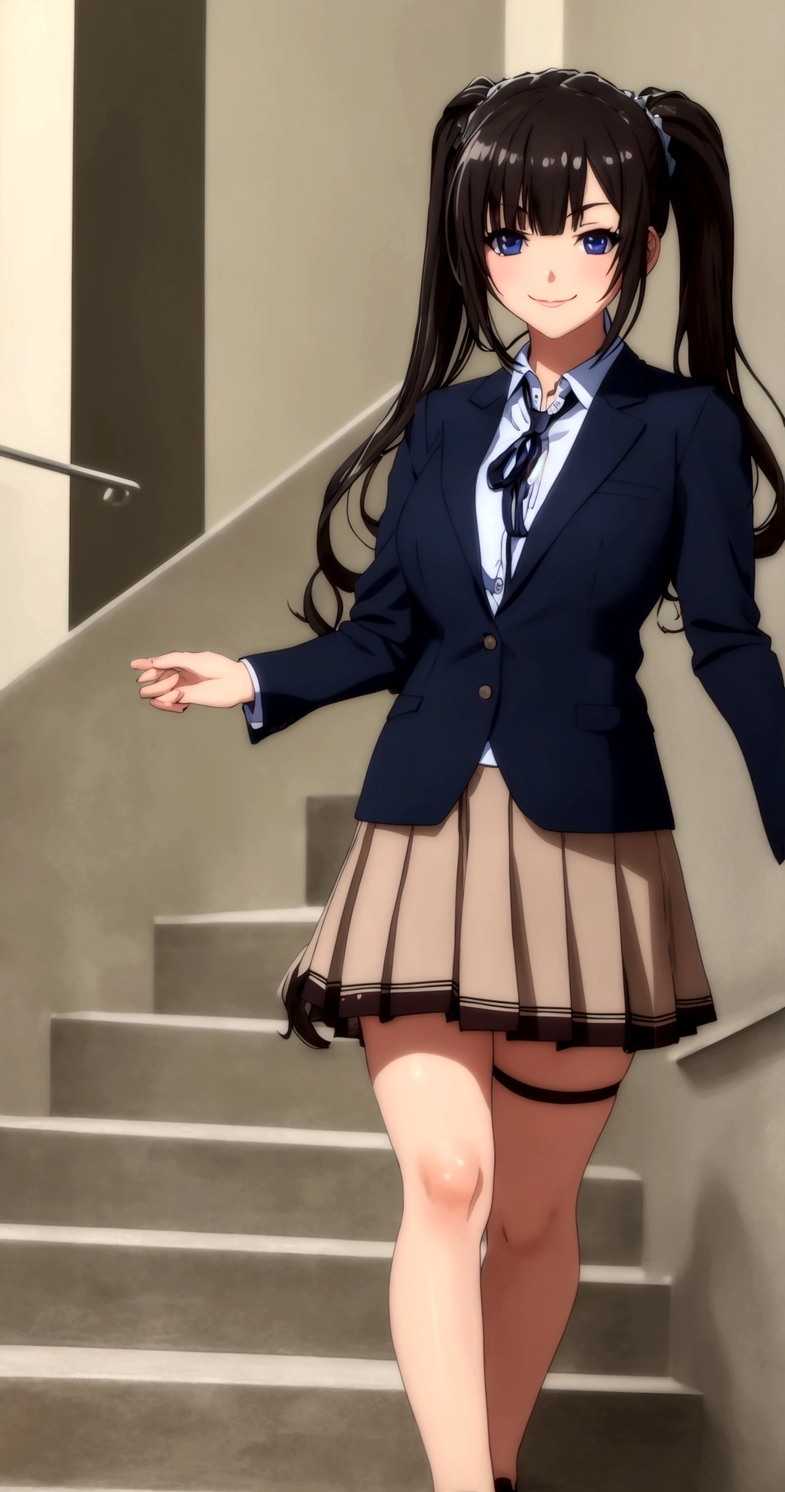 ultra-detailed,highly detailed,best quality,masterpiece,illustration,realistic, photo,photorealistic,
1girl, tokisaki kurumi,cosplay,hair over one eye, looking at viewer, happy girl,low twintails,
, blazer, collared shirt, neck ribbon, pleated skirt, pantyhose, hair rings, loafers,
indoors, walking, stairwell, 
