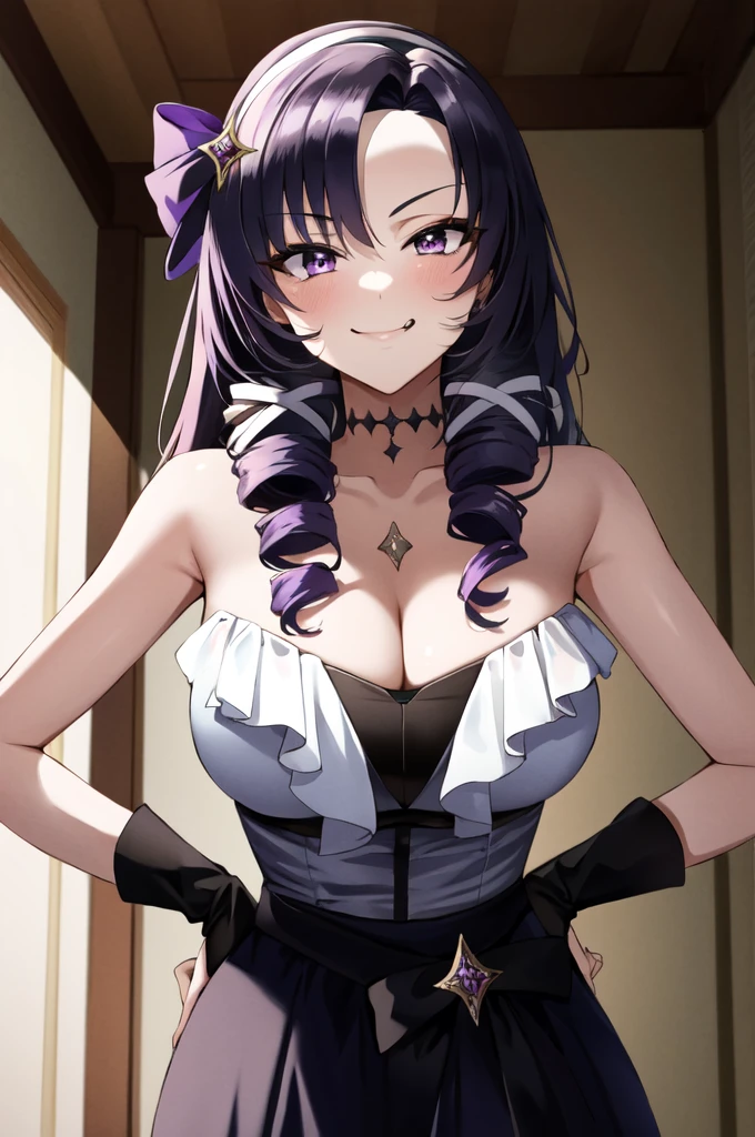 Completely naked,masterpiece,Highest quality,Very detailed,Super detailed,Very detailed,Beautiful Eyes,Beautiful Hair,Beautiful Face,Beautiful Skin,Perfect Anatomy,High resolution,超High resolution,Large Breasts,Blake Hmsalome,Drill Hair,Parted bangs,Black hair band,ribbon,Purple eyes,naked,Bare shoulders,Black gloves,((Smug face)),Hands on hips,city,Throw out your chest,indoor,(((Fascinating_smile))),(Tilt_return:0.8),