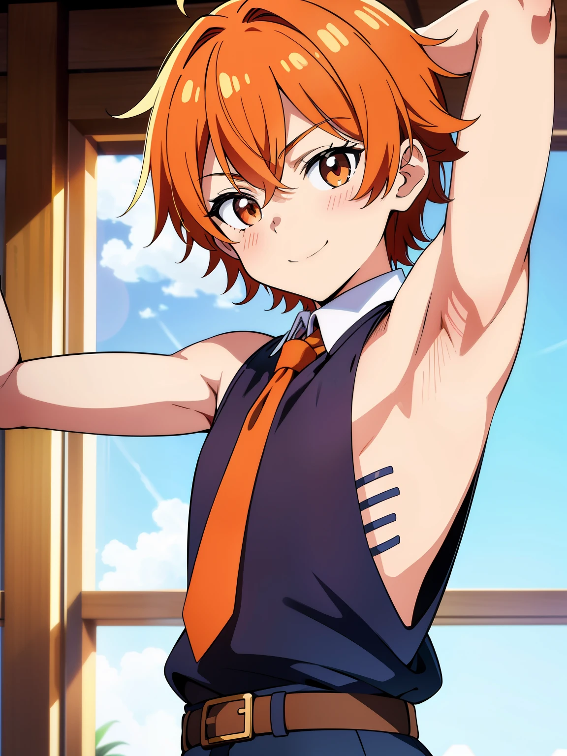 Highres, Masterpiece, Best quality at best,Best Quality,hight quality, hight detailed, Anime style, 1boy, Shota, young boy, Solo person, smile, Orange hair, messy hair, school, Sleeveless uniform, Bare shoulder, Tie, Seen from the front, look at viewer, upper body, belt, Such a cute smooth armpit, showing armpit, Cute armpit, seductive small armpits, beautiful small armpits, fragrant small armpits, Boy cutely shows his armpit, The armpits of a 12 year old boy, Adorable little armpits, (very young boy), (very small and short body), 12-year-old boys, uhd, blurry beckground