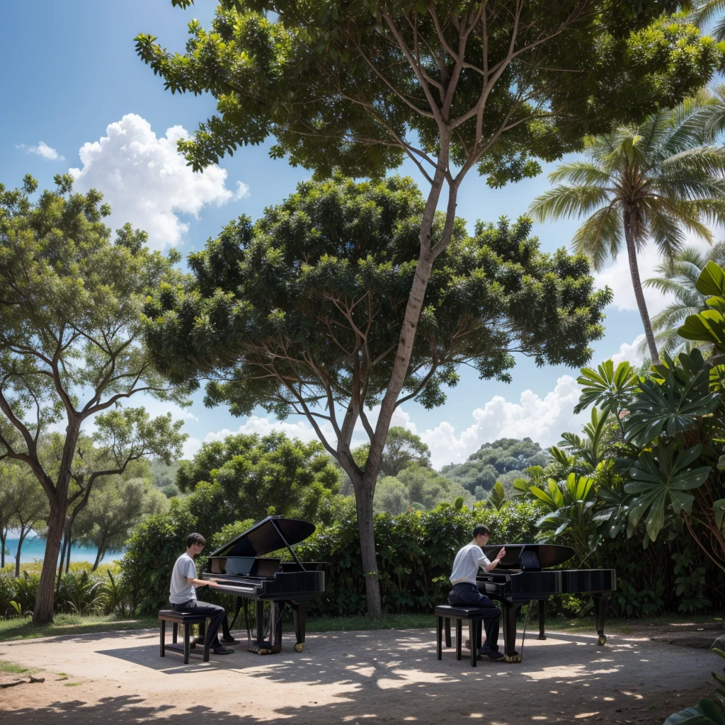 Make an art of João Donato on a Piano with the Croa background and a rubber tree next to it.