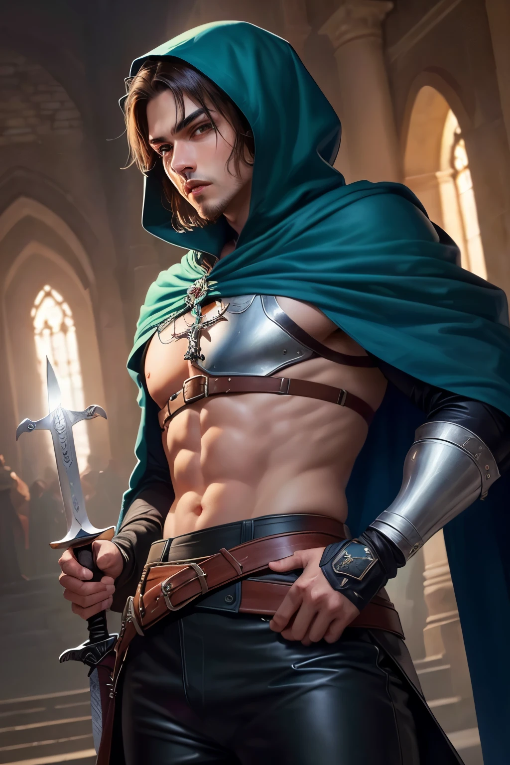 ((best qualityer)), ((work of art)), (detailded) 8K, ultra detailded, work of art, best qualityer, 1 thin male warrior(dark skin color) ,green cloak, blue medieval shirt blouse ,blue medieval cloak, black leather pants ,brown belts ,sword in sheath ,clear lighting, detailed shadows