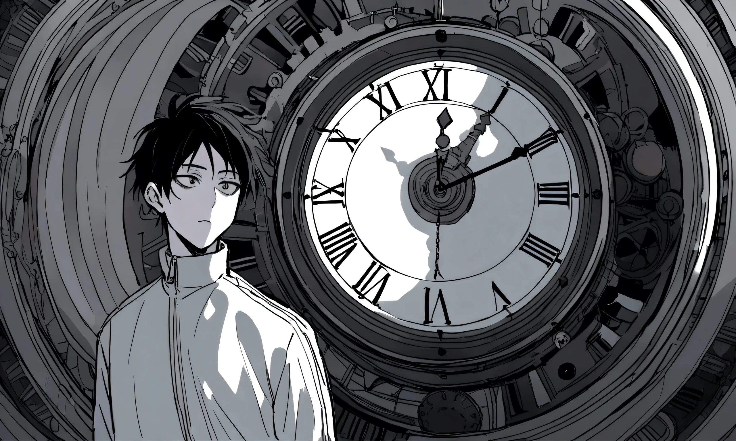 black and white drawing, giant clockwork background, hang from clockwork, human, 26 year old male, black neat hair, a lonely face, wearing gray tracksuit, put one&#39;s foot on the clock hand, cling to the clock, climb the clock.