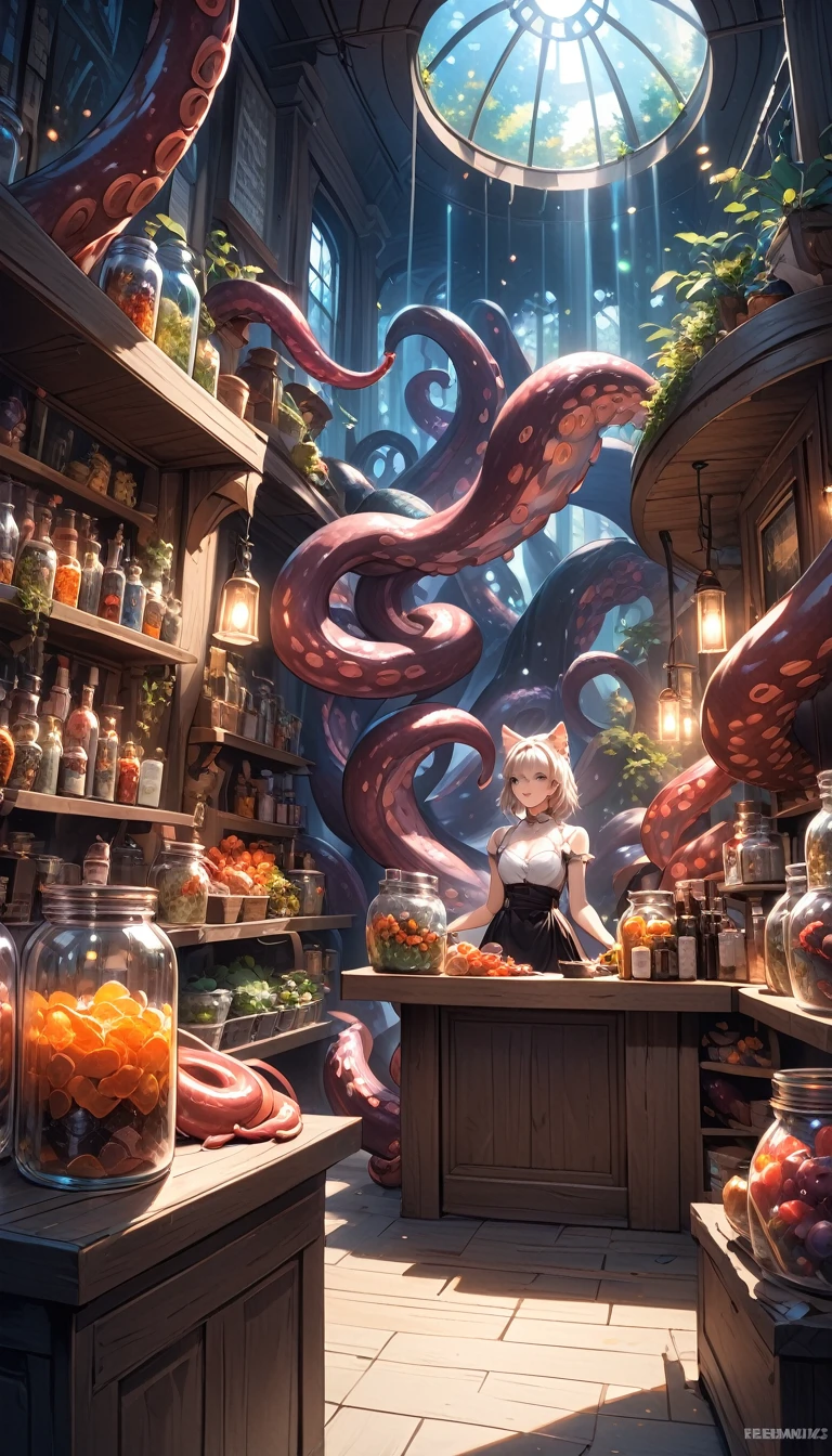 a sexy girl in a sexy dress tends the store at the counter, fantastic store, Fantasy world, dark, disturbing, strange, unnatural, (Rembrandt Lighting: 1.3) light particles, lens flares, store with several tentacles inside large jars, , a woman shopping, live tentacles for sale inside jars, side chest, forest cat on stage, close-up of the upper part of the body, artistic masterpieces that will go down in history, fantastic backgrounds, memorable scenes, fantastic angles (masterpiece : 1.2), (best quality: 1.2), intricate details, newest, AI generated (Bill Sienkiewicz inspired art, intricate details, oil painting)