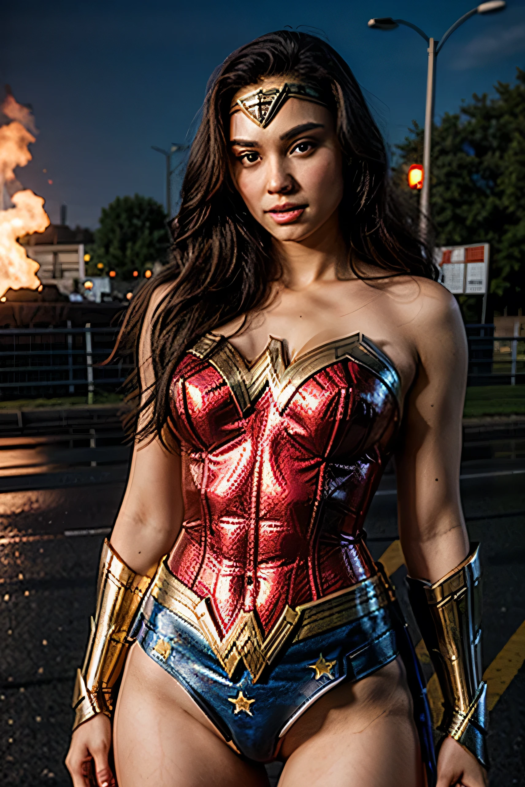 beautiful 18 year old, very beautiful, with perfect face, with a wonder woman costume, with background on fire