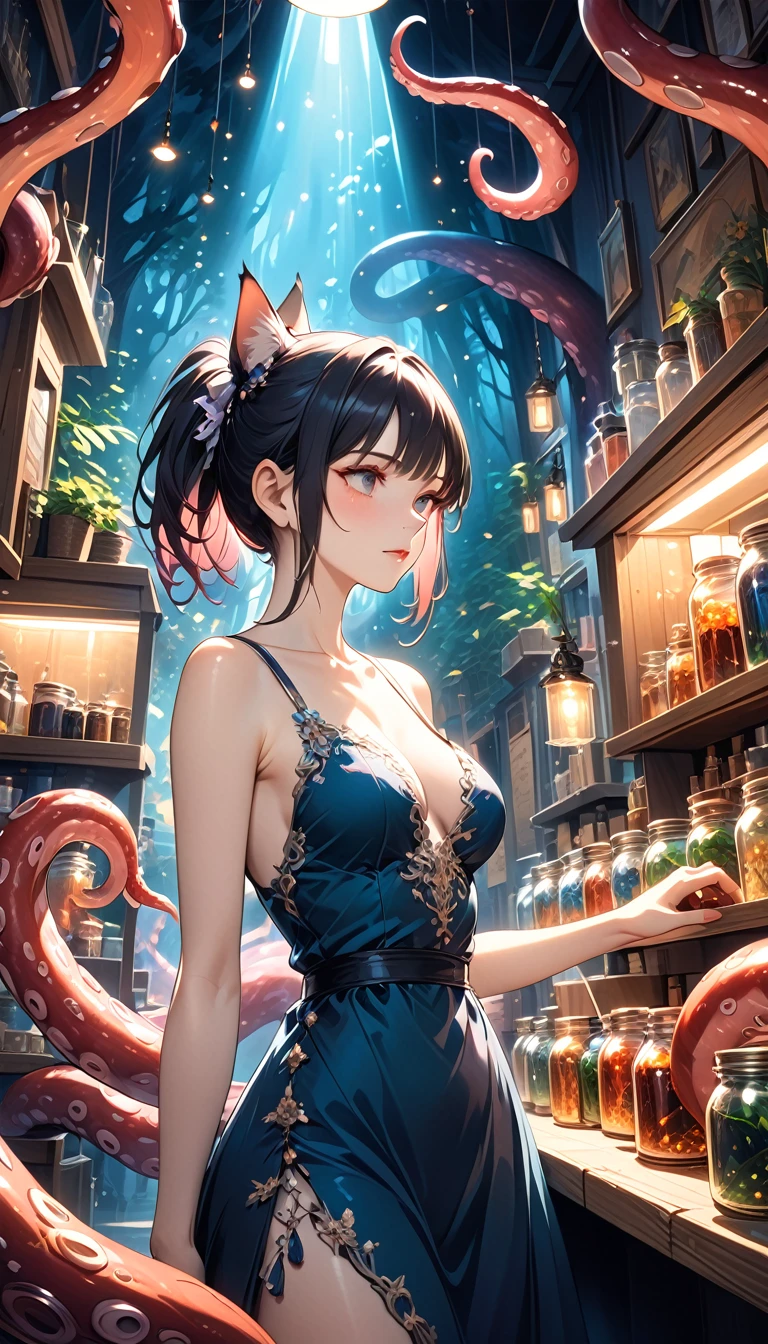 a sexy girl in a sexy dress tends the store at the counter, fantastic store, Fantasy world, dark, disturbing, strange, unnatural, (Rembrandt Lighting: 1.3) light particles, lens flares, store with several tentacles inside large jars, , a woman shopping, live tentacles for sale inside jars, side chest, forest cat on stage, close-up of the upper part of the body, artistic masterpieces that will go down in history, fantastic backgrounds, memorable scenes, fantastic angles (masterpiece : 1.2), (best quality: 1.2), intricate details, newest, AI generated (Bill Sienkiewicz inspired art, intricate details, oil painting)