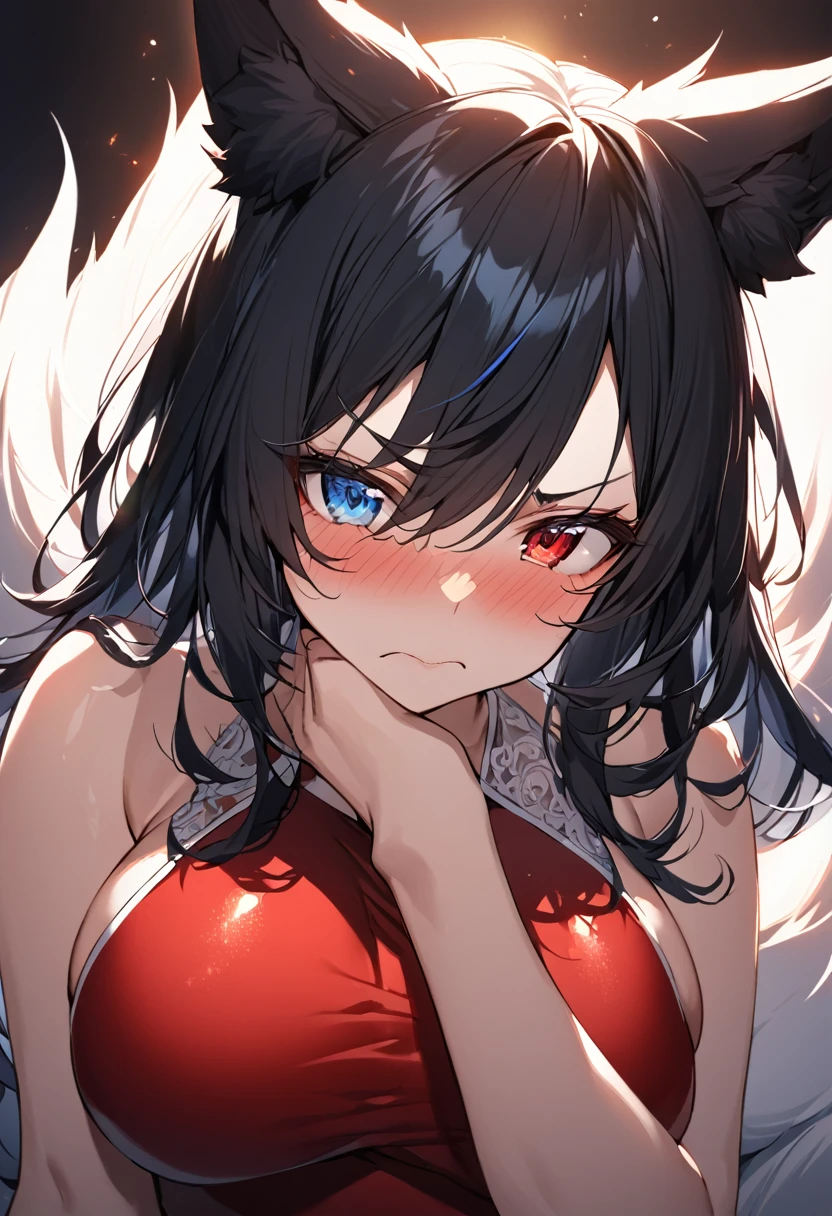 a beautiful blue and black kitsune, big breasts, long black hair, slim waist, detailed portrait, intricate details, dramatic lighting, sensual, long white tail, heterochromia (one blue eye, one red eye), His eyes would shine brightly, Wearing a one piece red swimsuit, covering herself, very blushing and angry, big breasts