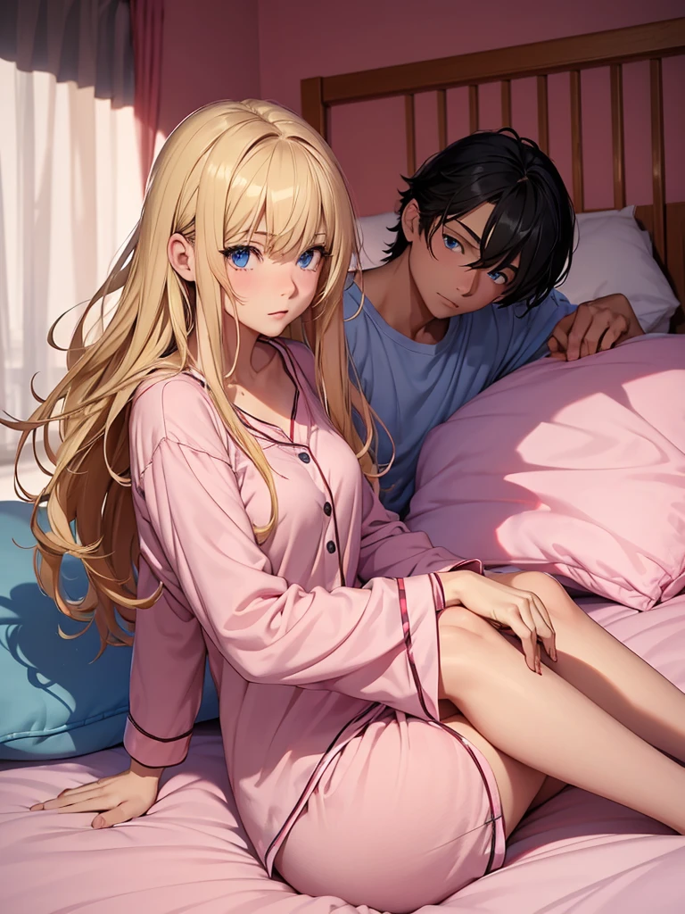 an adult girl, Blonde, blue eyes, loose hair, lying in her bed with a somewhat sick face, in pink full body pajamas, There is an adult boy next to her sitting on the bed to take care of her., black hair