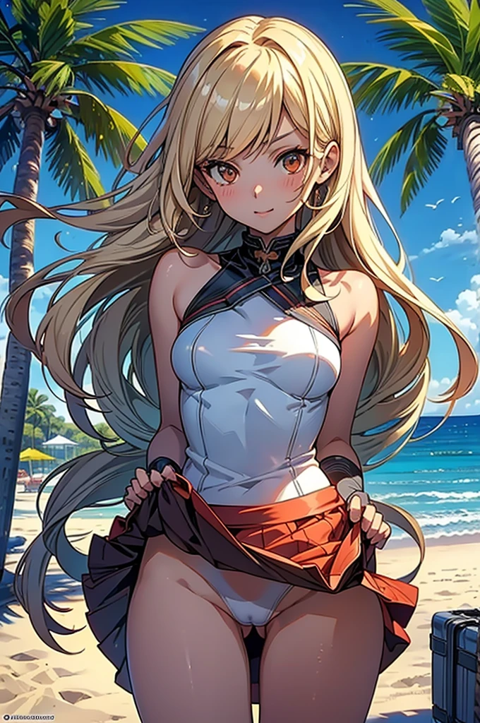 masterpiece, rich colors, Best quality, detailed, high resolution, Hyper quality, high detail, , high quality, detailing, skinny sexy girl on the beach , bright lighting , Brown eyes, Anime, palm trees, bright lighting, blonde,