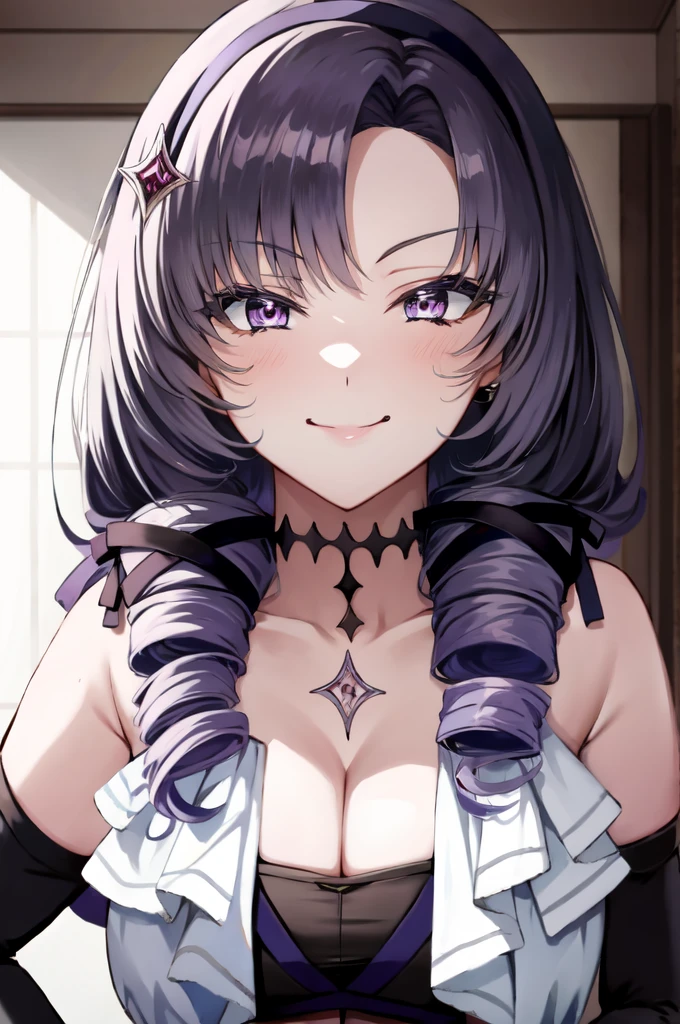 Completely naked,masterpiece,Highest quality,Very detailed,Super detailed,Very detailed,Beautiful Eyes,Beautiful Hair,Beautiful Face,Beautiful Skin,Perfect Anatomy,High resolution,超High resolution,Large Breasts,Blake Hmsalome,Drill Hair,Parted bangs,Black hair band,ribbon,Purple eyes,naked,Bare shoulders,Black gloves,((Smug face)),Hands on hips,city,Throw out your chest,indoor,(((Fascinating_smile))),(Tilt_return:0.8),