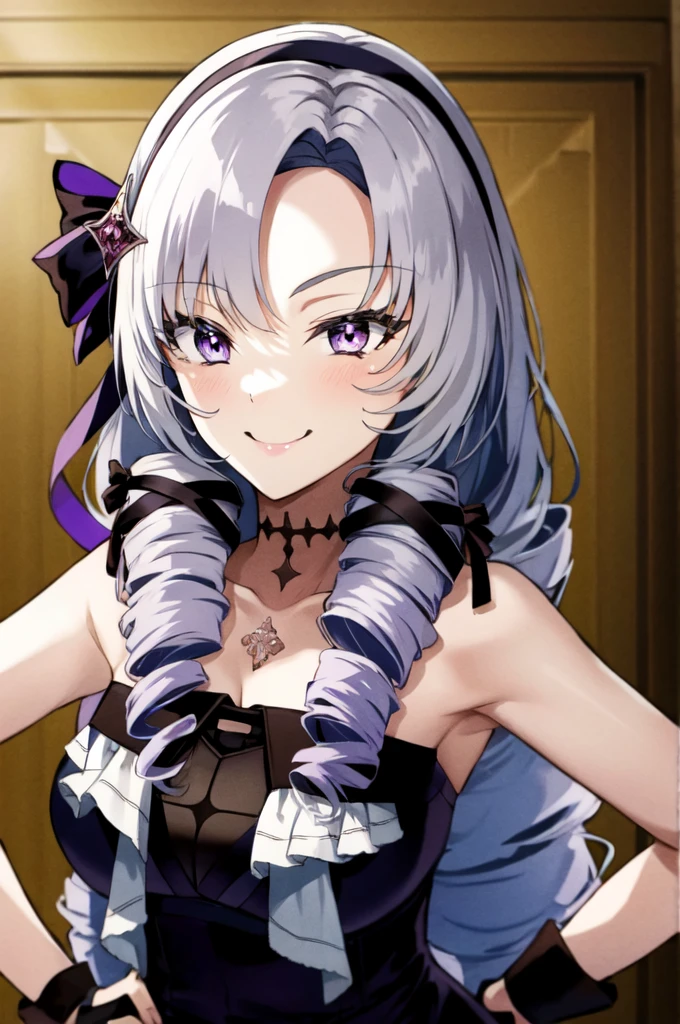Completely naked,masterpiece,Highest quality,Very detailed,Super detailed,Very detailed,Beautiful Eyes,Beautiful Hair,Beautiful Face,Beautiful Skin,Perfect Anatomy,High resolution,超High resolution,Large Breasts,Blake Hmsalome,Drill Hair,Parted bangs,Black hair band,ribbon,Purple eyes,naked,Bare shoulders,Black gloves,((Smug face)),Hands on hips,city,Throw out your chest,indoor,(((Fascinating_smile))),(Tilt_return:0.8),