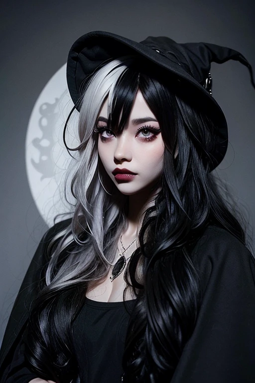 (masterpiece, best quality:1.2), 1girl, solo, beautiful, Asian, witch, long hair, messy hair, split dye hair, multicolor hair, black and white hair, bangs, wavy hair, blue swirls on face, blue swirls on body, goth, red lipstick, dark circles under eyes, long eyelashes, grey eyes, pale skin, skinny, wearing black cloak, frail, black dye on right side, white hair on left side, black hair, full body, looking at viewer, gloomy atmosphere, wind, blank face, [graveyar:girl:0.9], holding scythe, modest black clothes, red lips, cultist robe, wind blowing