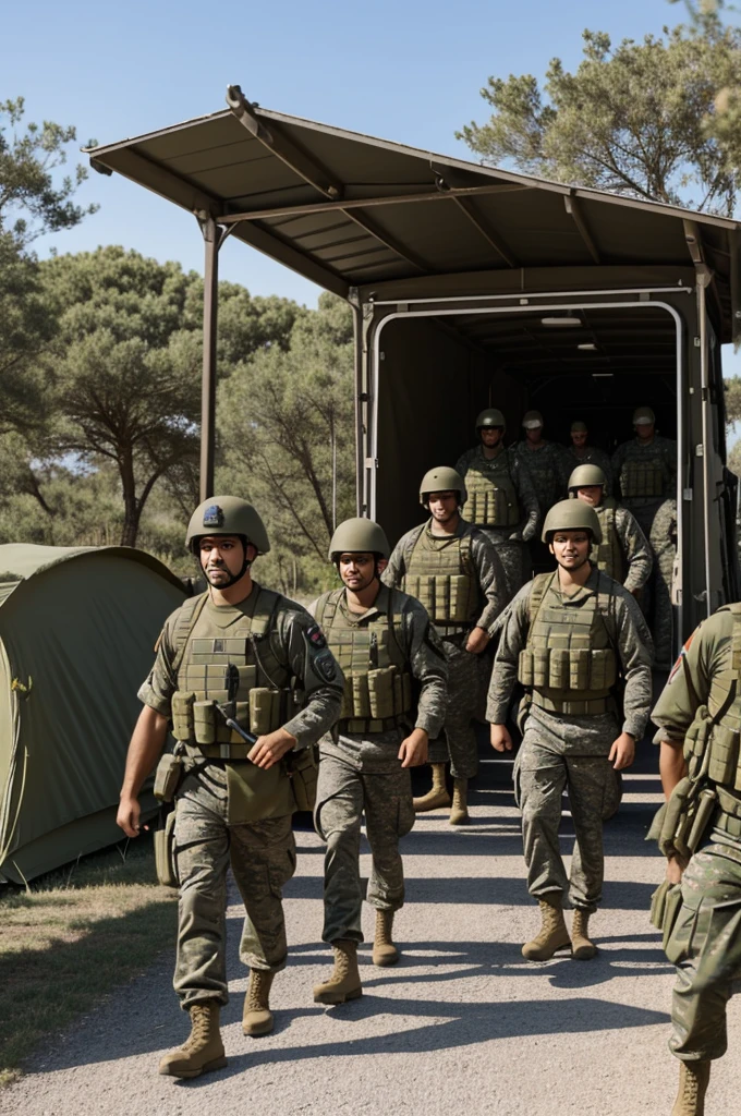 Captain Díaz and his soldiers arriving at a military camp, tired but satisfied