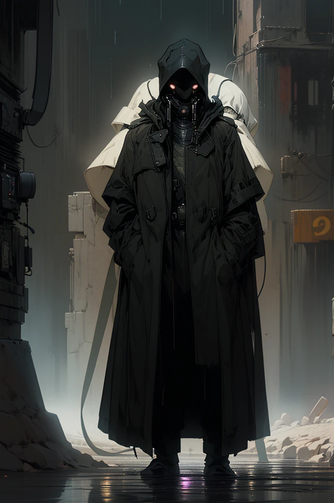 wide and far shot, ((a man in a black hooded trench coat, return to camera:1.5)), standing on rainy street, looking at a futuristic city at night, a dark cityscape with neon lights (Best Quality, 4k, 8k , high resolution, Masterpiece: 1.2), ultra detailed (realist, photorealist, photorealist: 1.37), cinematic lighting, dramatic shadows, moody atmosphere, intricate details, Bright city lights, advanced technology, Retro-futuristic architecture, dynamic pose, hood that casts shadows on the face, intense look