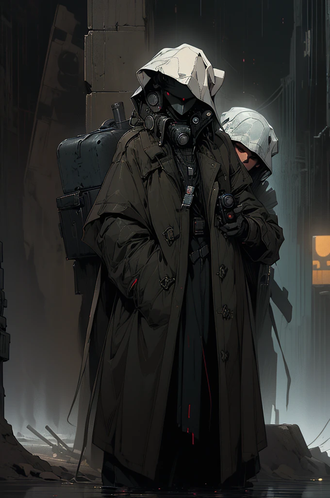 wide and far shot, ((a man in a black hooded trench coat, return to camera:1.5)), standing on rainy street, looking at a futuristic city at night, a dark cityscape with neon lights (Best Quality, 4k, 8k , high resolution, Masterpiece: 1.2), ultra detailed (realist, photorealist, photorealist: 1.37), cinematic lighting, dramatic shadows, moody atmosphere, intricate details, Bright city lights, advanced technology, Retro-futuristic architecture, dynamic pose, hood that casts shadows on the face, intense look