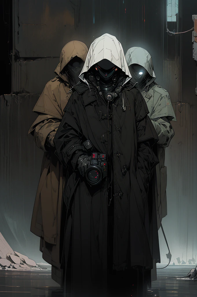 wide and far shot, ((a man in a black hooded trench coat, return to camera:1.5)), standing on rainy street, looking at a futuristic city at night, a dark cityscape with neon lights (Best Quality, 4k, 8k , high resolution, Masterpiece: 1.2), ultra detailed (realist, photorealist, photorealist: 1.37), cinematic lighting, dramatic shadows, moody atmosphere, intricate details, Bright city lights, advanced technology, Retro-futuristic architecture, dynamic pose, hood that casts shadows on the face, intense look