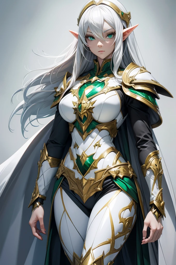 female noble Elf, full body art, silver hair, white skin, emerald eye, knight full plate adorned armor, white cape, perfectly detailed body.