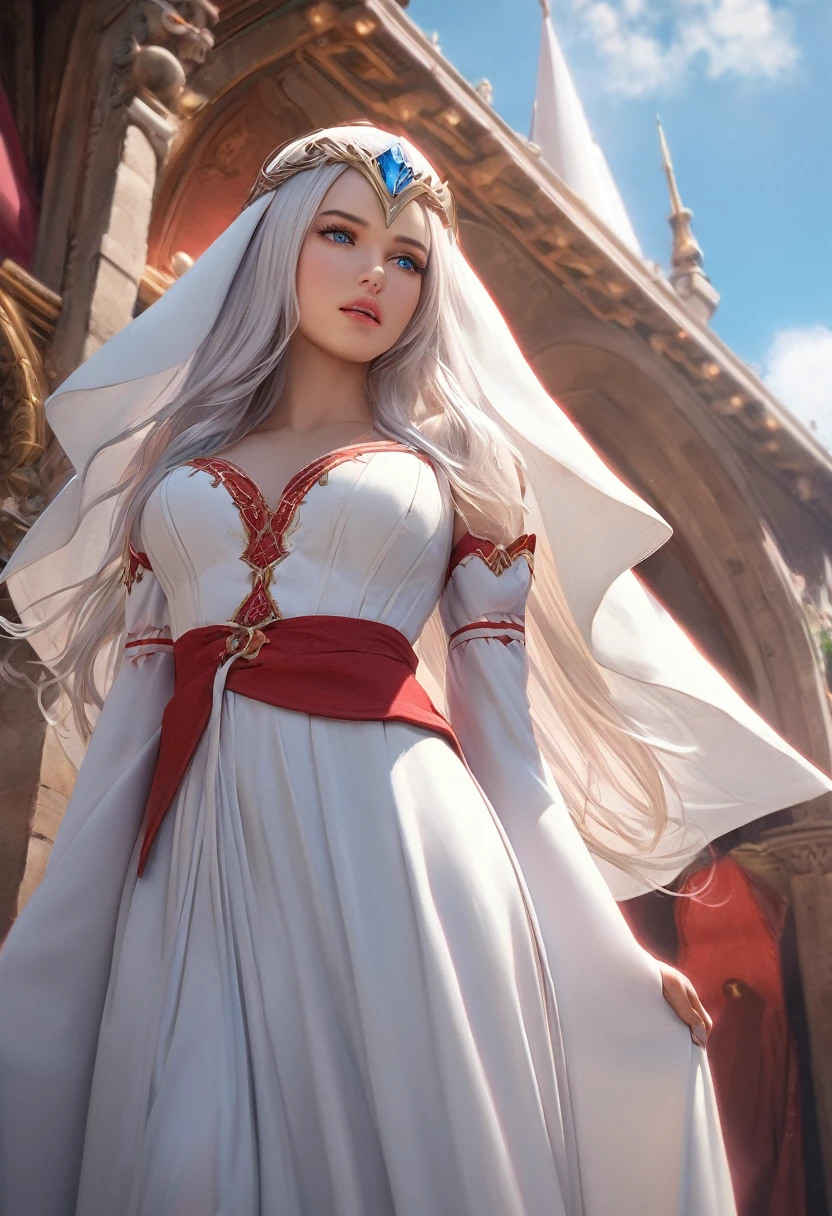 (best quality,4k,8k,highres,masterpiece:1.2), ultra-detailed, (realistic,photorealistic,photo-realistic:1.37),((Highly detailed CG Unity 8k wallpaper)), masterpiece, Super detailed, floating, High resolution, Sexually suggestive, (small, Extremely long white hair, Princess, White Mage, blue eyes, (It has long, wide sleeves and intricate embroidery. A gorgeous layered long dress in white and red with a sheer look), Bridal Veil, Circlet, Bridal Gauntlet, Blushing, shy, arched back, Frilled petticoat, Glamorous corset,