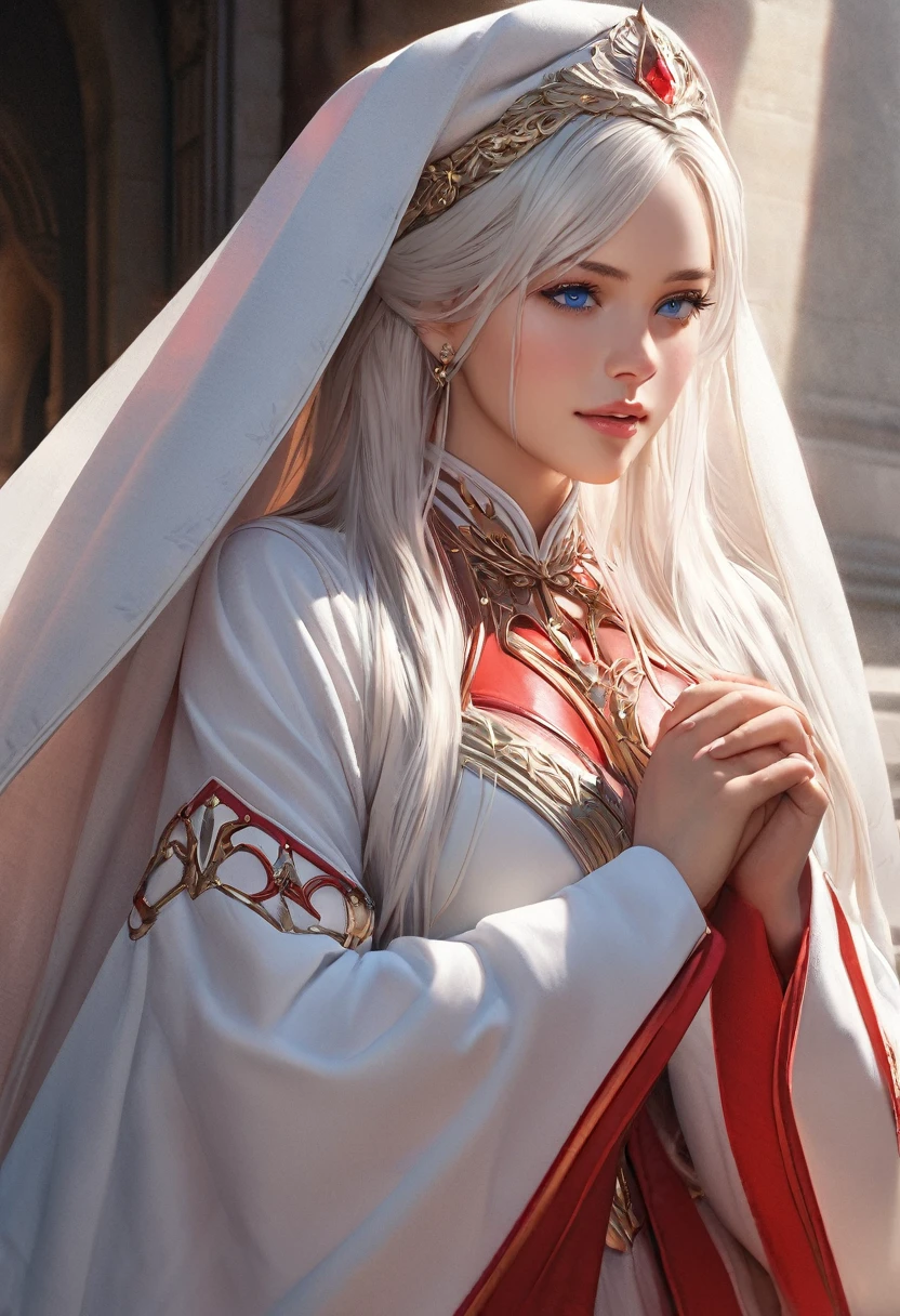 (best quality,4k,8k,highres,masterpiece:1.2), ultra-detailed, (realistic,photorealistic,photo-realistic:1.37),((Highly detailed CG Unity 8k wallpaper)), masterpiece, Super detailed, floating, High resolution, Sexually suggestive, (small, Extremely long white hair, Princess, White Mage, blue eyes, (It has long, wide sleeves and intricate embroidery. A gorgeous layered long dress in white and red with a sheer look), Bridal Veil, Circlet, Bridal Gauntlet, Blushing, shy, arched back, Frilled petticoat, Glamorous corset,