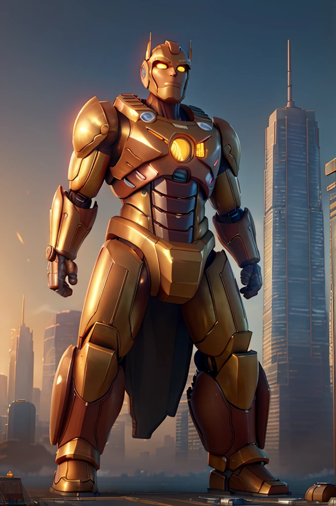 a giant gold robot with huge muscular body, city background, highly detailed, cinematic lighting, dramatic angles, hyper realistic, 8k, photorealistic, volumetric fog, glowing energy effects, advanced 3d rendering, intricate mechanical details, weathered metal textures, neon city lights, skyscrapers in the distance, dynamic camera angle