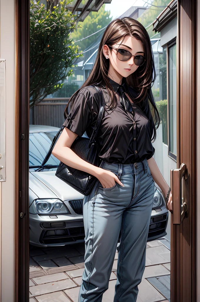 (masterpiece, best quality:1.2), detailed face, detailed eyes, elegant woman, long hair, high heeled,shiny skin,welcomes you at the door, Shirt, pants,random colar, ponitail hair,cool attitude,cool glasses,exciting,cool, perfect hand:1