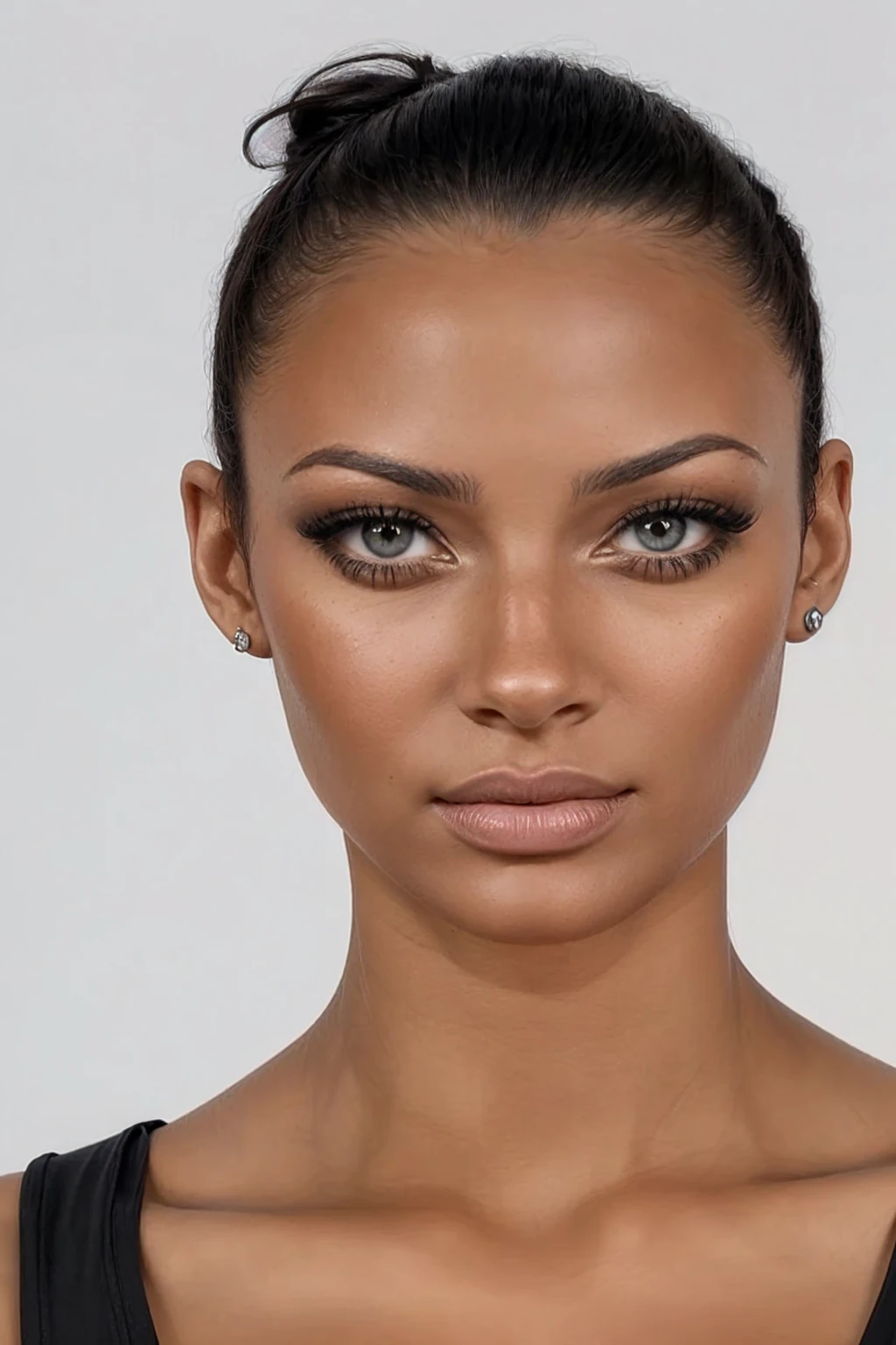 il y a une femme avec un haut noir et un haut noir, teint photoréaliste, accurate visage ultra réalistes, taches de rousseur éparses, visage ultra réalistes, traits du visage photoréalistes, visages ultra réalistes, Des visages hyperréalistes, beau visage hyperréaliste, visage ultra réaliste, peau texturée réaliste, visages hyper réalistes, détails du visage ultra réalistes, visage détaillé et réaliste