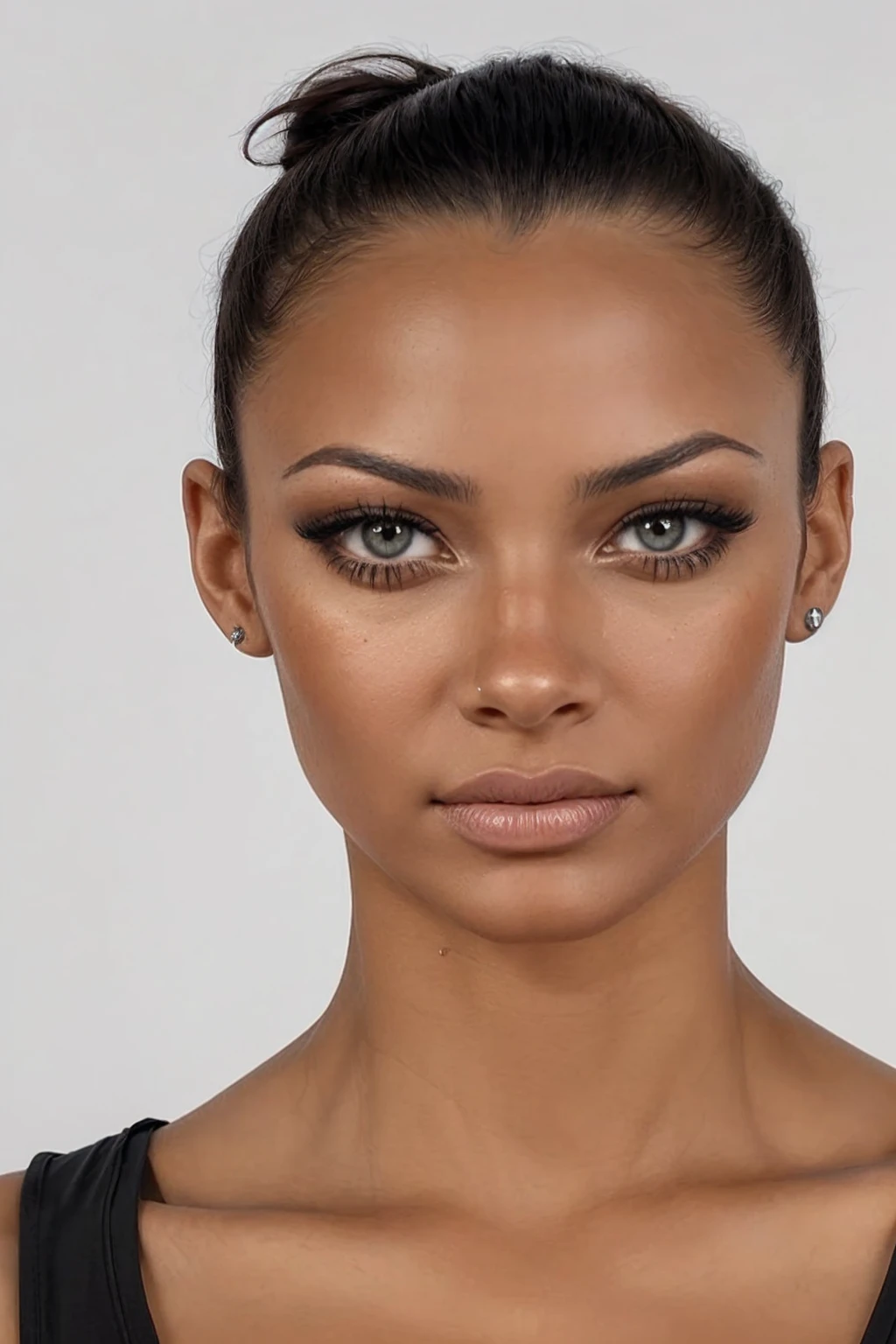 il y a une femme avec un haut noir et un haut noir, teint photoréaliste, accurate visage ultra réalistes, taches de rousseur éparses, visage ultra réalistes, traits du visage photoréalistes, visages ultra réalistes, Des visages hyperréalistes, beau visage hyperréaliste, visage ultra réaliste, peau texturée réaliste, visages hyper réalistes, détails du visage ultra réalistes, visage détaillé et réaliste