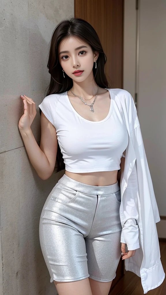 one girl,Beutiful women,Photograph the whole body,At morning,In a corner of korian,Put on earrings,Wear a silver necklace,wear a white shirt,Wearing random colored hot pants