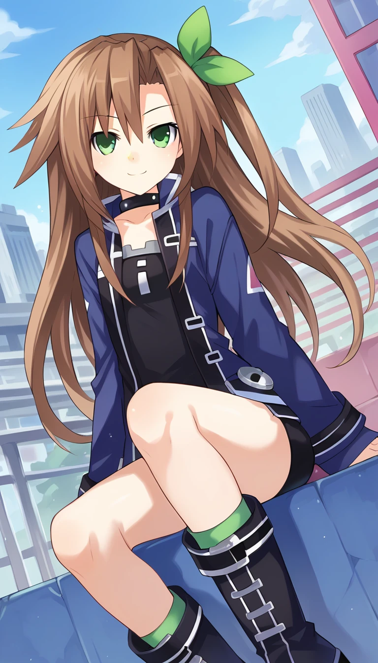 score_9, score_8_up, score_7_up, score_6_up, score_5_up, source_anime, 1girl, solo, brown hair, long hair, green eyes, smile, closed mouth, green bow, ribbon, one side up, choker, blue jacket, collar, boots, black shorts, black shirt, sitting, city, outdoors, sunny, looking at viewer, dutch angle, IF \(neptunia)\