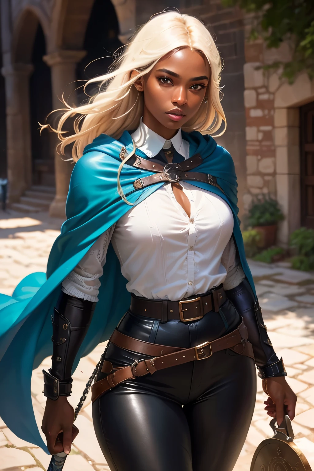 ((best qualityer)), ((work of art)), (detailded) 8K, ultra detailded, work of art, best qualityer, 1 thin male warrior(dark skin color) ,green cloak, medieval chainmail ,blue medieval shirt blouse ,blue medieval cloak, black leather pants ,brown belts ,sword in sheath ,clear lighting, detailed shadows