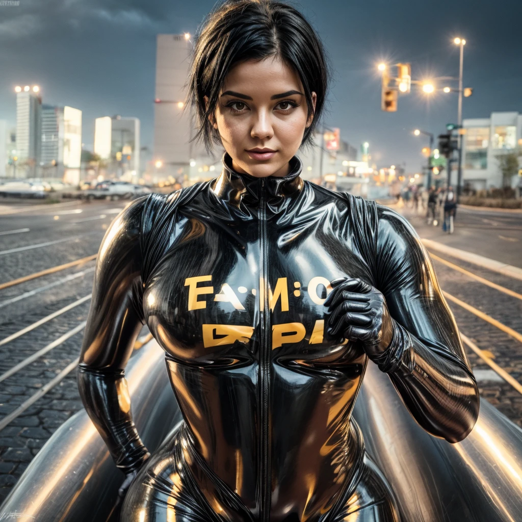 Beautiful woman with short black hair and amazing body wearing a dark gray latex full body catsuit