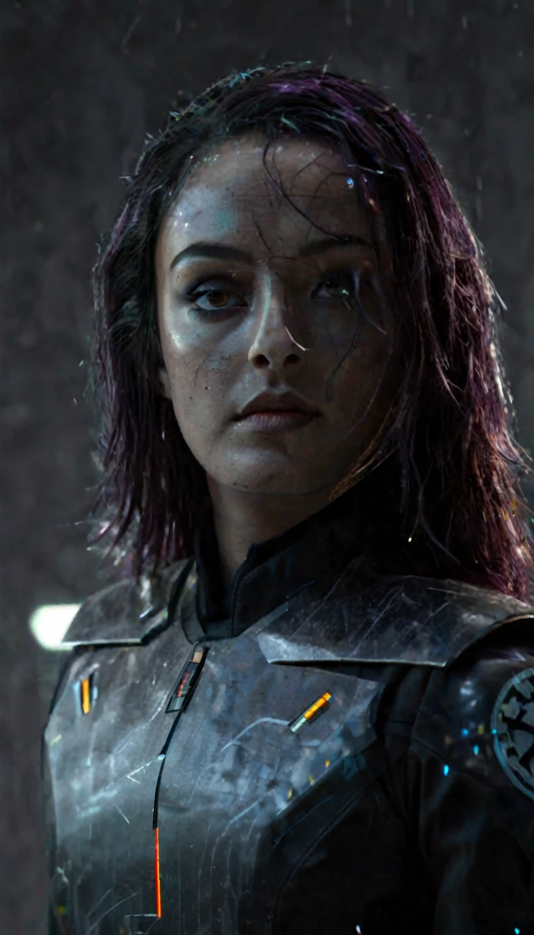 battle damage , missing arm ,bright yellow eyes, ultra-detailed,vibrant colors,sci-fi,portrait,dramatic lighting,detailed facial features,dark background,long hair,glowing eyes,futuristic clothing,expressionless face,metallic texture,bright highlights,high contrast,radiant colors,artificial intelligence theme,sharp focus,technological elements,shadows and highlights,ethereal glow,neon lights,stormy atmosphere,otherworldly setting,unconventional composition,sharp lines,sleek design,mysterious atmosphere,unearthly beauty,digital enhancements,advanced technology,glowing circuitry,abstract background,ominous presence,subtle reflections,energetic pose,unique perspective,foreshortening effect,symmetrical composition,imposing presence,dynamic energy,striking visual impact,translucent overlays,organic and mechanical fusion.
