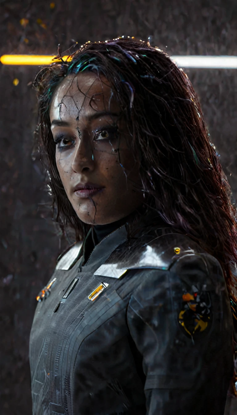 battle damage , missing arm ,bright yellow eyes, ultra-detailed,vibrant colors,sci-fi,portrait,dramatic lighting,detailed facial features,dark background,long hair,glowing eyes,futuristic clothing,expressionless face,metallic texture,bright highlights,high contrast,radiant colors,artificial intelligence theme,sharp focus,technological elements,shadows and highlights,ethereal glow,neon lights,stormy atmosphere,otherworldly setting,unconventional composition,sharp lines,sleek design,mysterious atmosphere,unearthly beauty,digital enhancements,advanced technology,glowing circuitry,abstract background,ominous presence,subtle reflections,energetic pose,unique perspective,foreshortening effect,symmetrical composition,imposing presence,dynamic energy,striking visual impact,translucent overlays,organic and mechanical fusion.