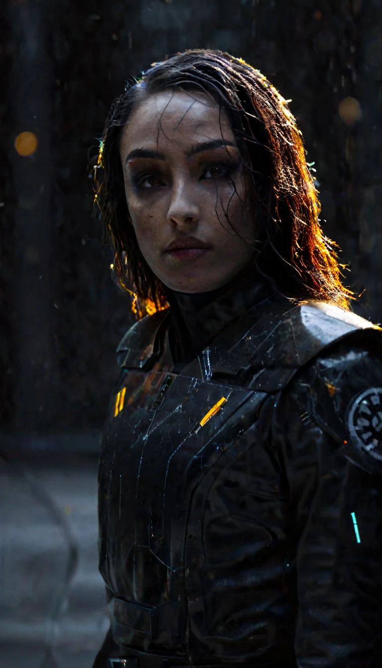 battle damage , missing arm ,bright yellow eyes, ultra-detailed,vibrant colors,sci-fi,portrait,dramatic lighting,detailed facial features,dark background,long hair,glowing eyes,futuristic clothing,expressionless face,metallic texture,bright highlights,high contrast,radiant colors,artificial intelligence theme,sharp focus,technological elements,shadows and highlights,ethereal glow,neon lights,stormy atmosphere,otherworldly setting,unconventional composition,sharp lines,sleek design,mysterious atmosphere,unearthly beauty,digital enhancements,advanced technology,glowing circuitry,abstract background,ominous presence,subtle reflections,energetic pose,unique perspective,foreshortening effect,symmetrical composition,imposing presence,dynamic energy,striking visual impact,translucent overlays,organic and mechanical fusion.
