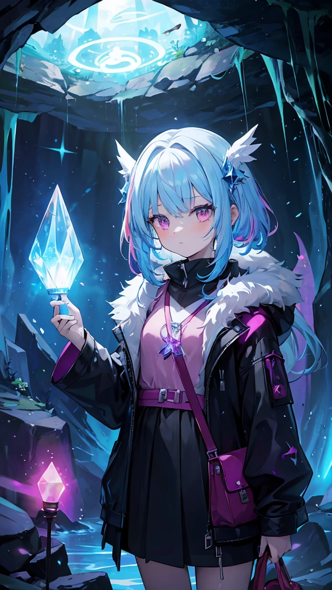 (masterpiece, Best quality), (Colorful:1.4), Above, One, 1 girl stands at the entrance to a mystical cave, guarded by ancient runes, with a bag of glowing crystals and a lantern, illuminating hidden paths, depth of field, fisheye lens
