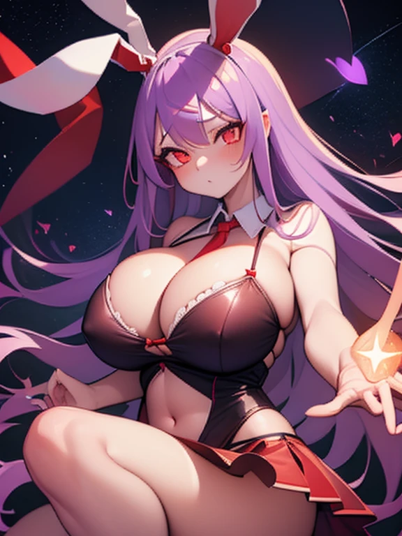 Girl, (Reisen Udongein Inaba:1.2) (from touhou project), perfect quality, on the background of the (red moon with stars:1.1), right hand pointing to the center, (Heart-Hands Failure), (red glowing eyes:1.1), red tie, white skirt, (detailed face and eyes:1.2), (huge breasts:1.1), (busty), (deep cleavage:1.1), (labia outline:1.2), (teat outline:1.2).