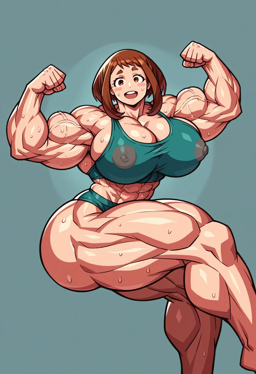 Ochako Uraraka, Women, Women enorme, Women musculosa, many muscles, giant muscles, bodybuilder body, a lot of effort, expression of great fury, very high, It measures almost 3 meters, too wide body, muscled body, very muscular, wide torso, Wide hips, wide legs, wide arms, too big muscles, huge arms, arms with huge muscles, huge breasts, hardened nipples, very marked six pack, huge butt, hardened nipples, Big legs, muscular legs, sportswear, sports top, sexy lingerie, tight clothes, Transparent clothing, ropa seductivea, seductive, excessive sweat, showing his muscles, showing the butt, 3000 pounds, Protein, a destroyed gym being a bodybuilder, alone, looking at the viewer