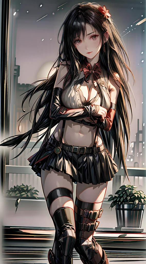 (8k、highest quality、MASTERPIECE:1.2)、(photorealistic:1.3 of 7)、Super Detailed、girl 1 person、mature、solo、(Tifa Lockheart)、(big chest)、(((huge lift clothes to show bra)))、(((black bra)))、(beautiful eyes)、(smiling:1.2)、(Closed)、erotic pose、dance、neons、street scenery、Depth Of Field、Dark and strong shadows、Sharp focus、auto、motion blur、bike、Depth Of Field、composition、Glowing green light、Final Fantasy VII, (nose blush)、Single Elbow Pad、Ankle Boots、dark black hair、toned thighs、red boots、Elbow Gloves、Elbow pads、Fingerless Gloves、Taut Shirt、sports bra、(suspenders), (Black Skirt)、thights、white tank top、All over body、head rest、Lips、Facial、Low Tai Long Hair、(red_Ojo)、Yellow flowers、(night:1.3)、Complex、Bokeh、Cinematic Lighting、Photon mapping、Radiosity、physically based rendering、(Tetsuya Nomura Style)、NSFW、Perfect Breasts