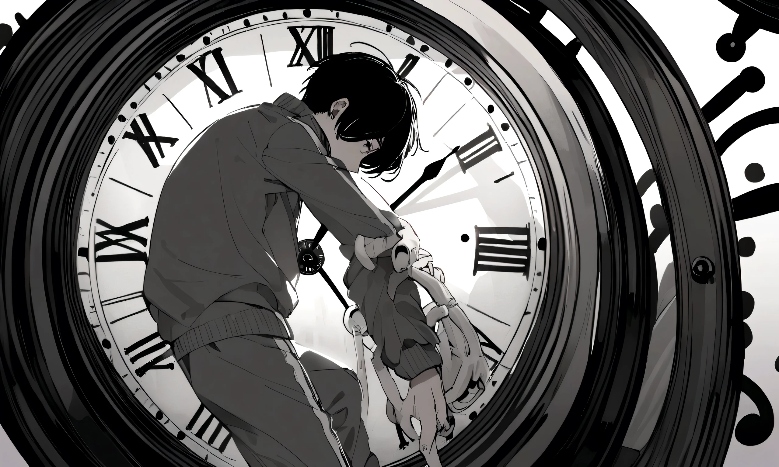 black and white drawing, giant clockwork background, hang from clockwork, human, 26 year old male, black neat hair, a face, wearing gray tracksuit, put one's foot on the clock hand, cling to the clock, climb the clock.