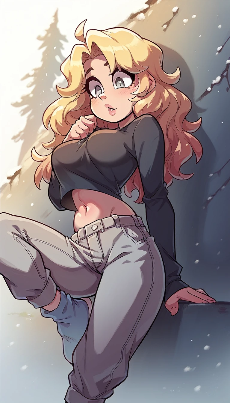 A sexy Asian Russian girl beautiful cute big breast long wavy dark blonde hair her round gray eye eyelash thin black pink lip soft cheeks she dresses dark gray top long sleeve shows navel and short gray pants pair of polar blue socks black snow boot