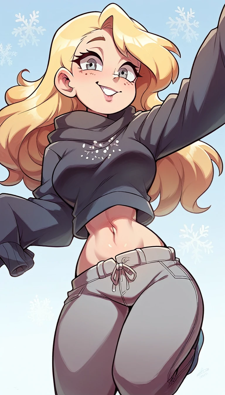 A sexy Asian Russian girl beautiful cute big breast long wavy dark blonde hair her round gray eye eyelash thin black pink lip soft cheeks she dresses dark gray top long sleeve shows navel and short gray pants pair of polar blue socks black snow boot