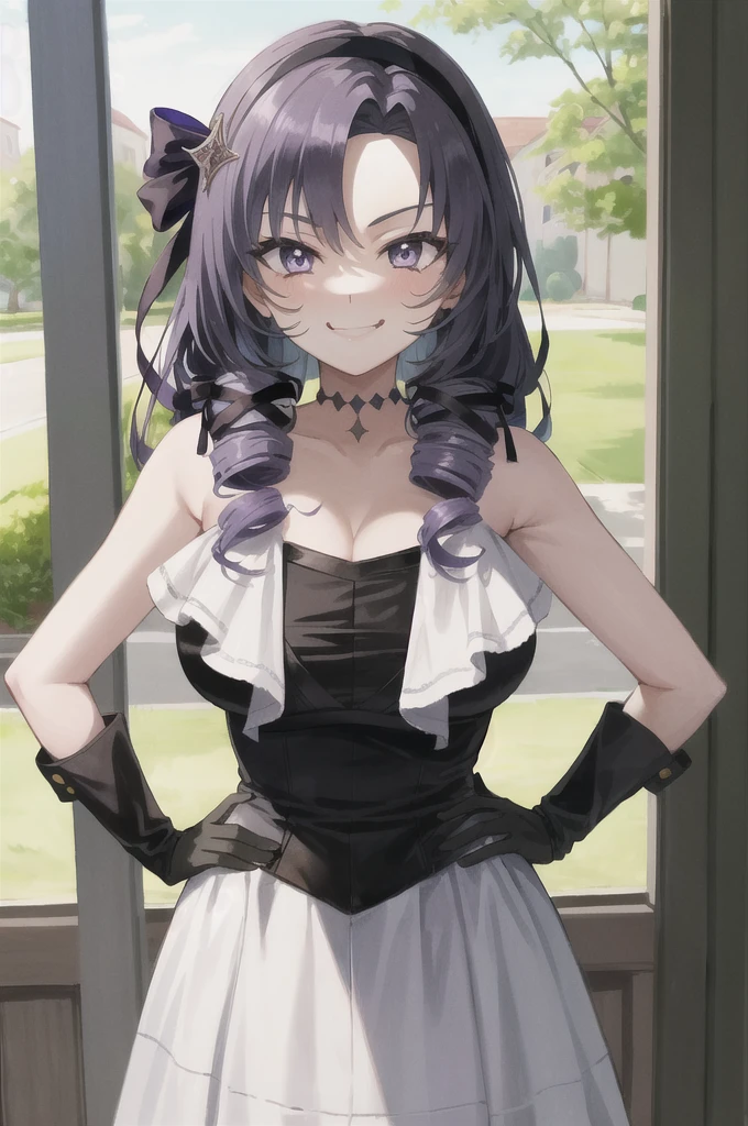 Completely naked,masterpiece,Highest quality,Very detailed,Super detailed,Very detailed,Beautiful Eyes,Beautiful Hair,Beautiful Face,Beautiful Skin,Perfect Anatomy,High resolution,超High resolution,Large Breasts,Blake Hmsalome,Drill Hair,Parted bangs,Black hair band,ribbon,Purple eyes,naked,Bare shoulders,Black gloves,((Smug face)),Hands on hips,city,Throw out your chest,indoor,(((Fascinating_smile))),(Tilt_return:0.8),