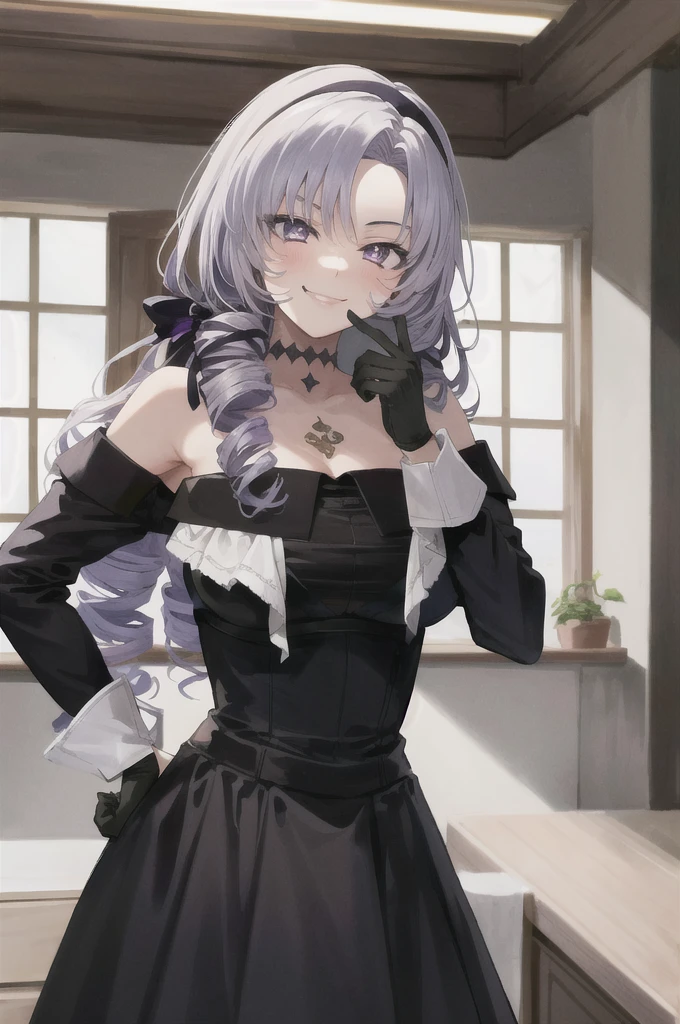 Completely naked,masterpiece,Highest quality,Very detailed,Super detailed,Very detailed,Beautiful Eyes,Beautiful Hair,Beautiful Face,Beautiful Skin,Perfect Anatomy,High resolution,超High resolution,Large Breasts,Blake Hmsalome,Drill Hair,Parted bangs,Black hair band,ribbon,Purple eyes,naked,Bare shoulders,Black gloves,((Smug face)),Hands on hips,city,Throw out your chest,indoor,(((Fascinating_smile))),(Tilt_return:0.8),